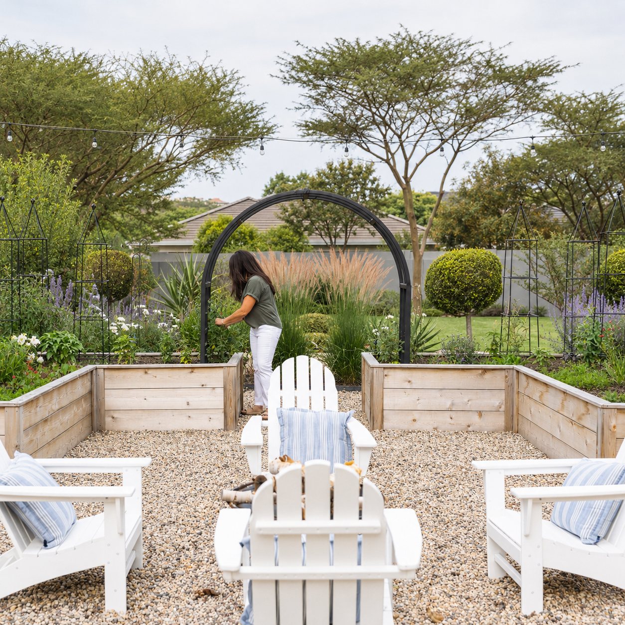 Melanie with a fresh harvest in a designed edible garden